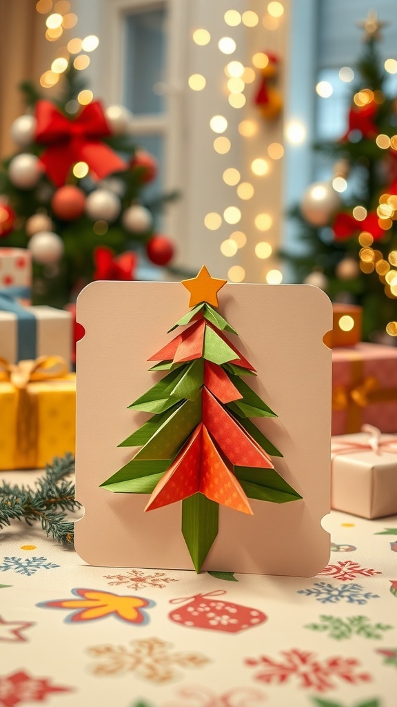 Christmas Card Origami Tutorial An origami Christmas card with a colorful tree design on a festive table with holiday decorations.